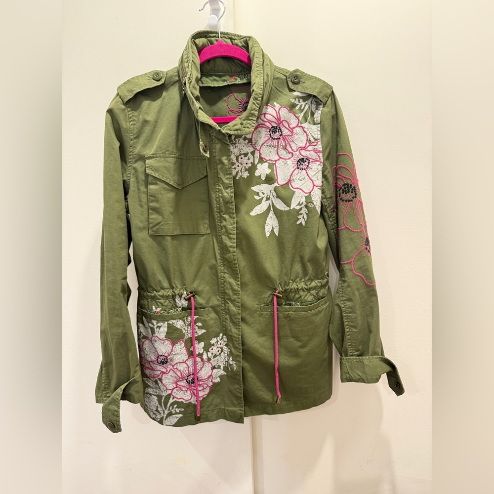 Desigual- Olive Green Floral Embroidered Utility Jacket with Pink Accents M
